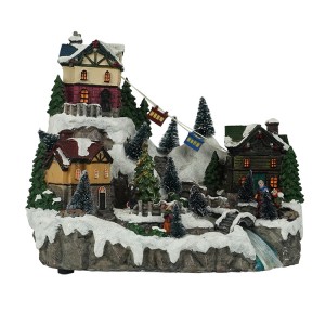 Custom made LED musical mountain house fiber optic resin Christmas village with rotating Xmas tree and moving cable car