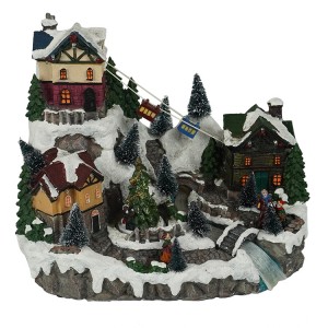 Custom made LED musical mountain house fiber optic resin Christmas village with rotating Xmas tree and moving cable car