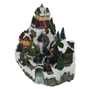 Custom made LED musical mountain house fiber optic resin Christmas village with rotating Xmas tree and moving cable car