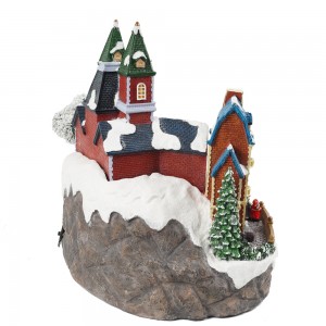 Imodeli yesiteshi sesitimela esinetimu ye-Xmas, eyenziwe ngokwezifiso ye-resin yesizini epopayi ye-Led Christmas Village