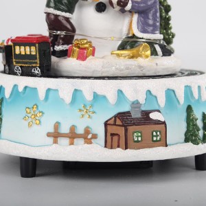 Wholesale resin Led Light up Musical Xmas scene Rotating snowman Animated Christmas Music Box