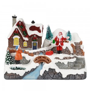 Fiber optic poly resin kerstdorp Xmas Santa scene E khantšitse 'mino oa Animated Christmas Village bakeng sa mekhabiso ea matsatsi a phomolo