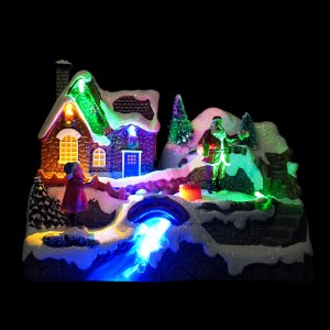 Fiber optic poly resin kerstdorp Xmas Santa scene E khantšitse 'mino oa Animated Christmas Village bakeng sa mekhabiso ea matsatsi a phomolo