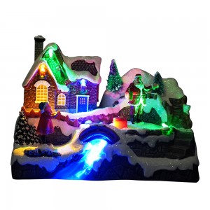 Fiber optic poly resin kerstdorp Xmas Santa scene E khantšitse 'mino oa Animated Christmas Village bakeng sa mekhabiso ea matsatsi a phomolo