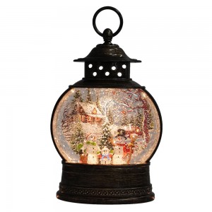 OEM Antique noel decor yeplastiki iSanta ibhetri esebenza amanzi abengezela ajikeleza umculo weKrisimesi Led lantern iglowubhu yekhephu