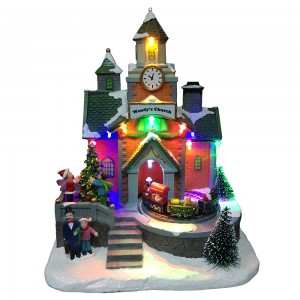 Scène de gare d'église animée en résine, éclairage LED, village musical de noël, pour décoration saisonnière et cadeau, vente en gros