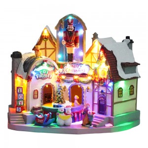 Grutte boartersguodwinkel mei draaiende kado-sêne Led Illuminated Christmas doarpshuzen mei 8 Xmas-ferskes