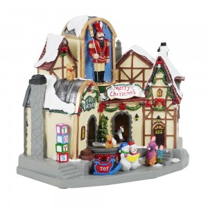 Grutte boartersguodwinkel mei draaiende kado-sêne Led Illuminated Christmas doarpshuzen mei 8 Xmas-ferskes