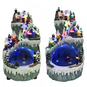 China supplier seasonal holiday decor noel mult led lighted musical putz Xmas skiing scene Christmas mountain Village