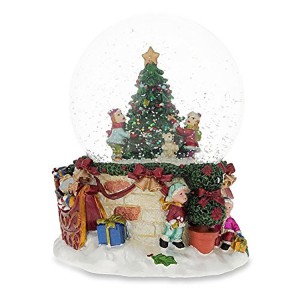 Handbemalte fröhliche Kinder, die den Weihnachtsbaum dekorieren, Weihnachtsdekoration, Schneekugeln aus Glas mit Musik und glitzernden Glühbirnen