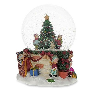 Hand painted Cheerful Kids Decorating Christmas tree holiday decor Musical glass Snow Globes with glittery bulbs