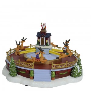 LED Plastic Xmas decor Amusement park Music Box flying sleigh deer scene With Turning Functions & Music