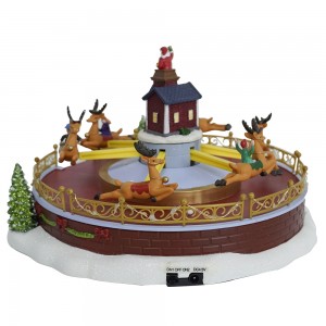 LED Plastic Xmas decor Amusement park Music Box flying sleigh deer scene With Turning Functions & Music