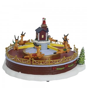 LED Plastic Xmas decor Amusement park Music Box flying sleigh deer scene With Turning Functions & Music