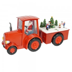 Bultuhang bagong Plastic Truck Xmas Santa Village Scene musical led water spinning Christmas snow globe