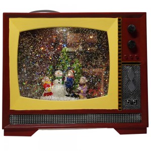 Customized indoor decor Xmas snowman tree scene water spinning tabletop BO Retro TV musical led snow globe