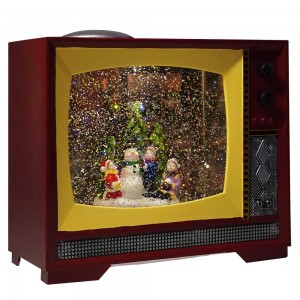 Customized indoor decor Xmas snowman tree scene water spinning tabletop BO Retro TV musical led snow globe