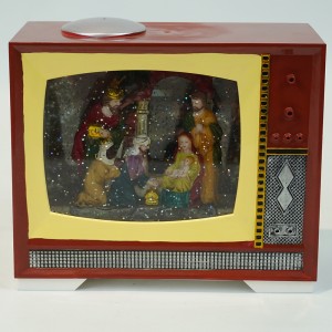 Christmas decor Xmas nativity scene water spinning tabletop BO Retro TV musical led snow globe