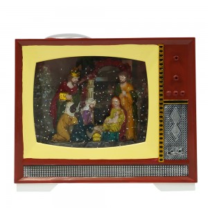 Christmas decor Xmas nativity scene water spinning tabletop BO Retro TV musical led snow globe