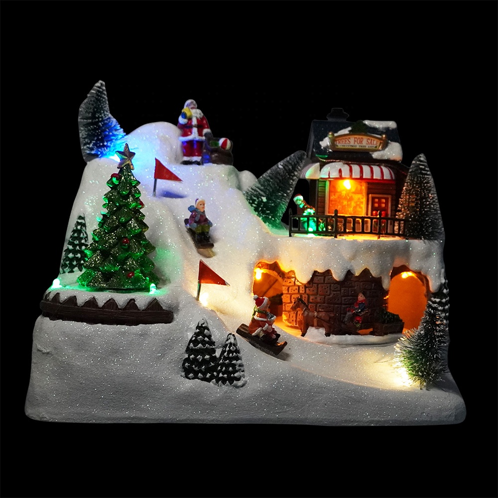 Cheap PriceList for Animated Christmas Village Houses - Wholesale noel Led light up Xmas scene fiber optic resin musical animated Christmas village with rotating train and skater – Melody