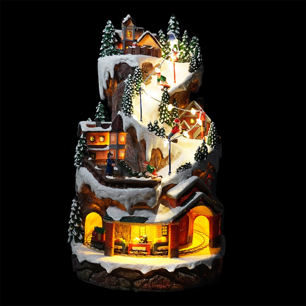 OEM Factory for Holiday Time Village Set - New arrive Mountain kid ski Xmas scene Led lighted fiber optic polyresin animated christmas village house for holiday decor – Melody