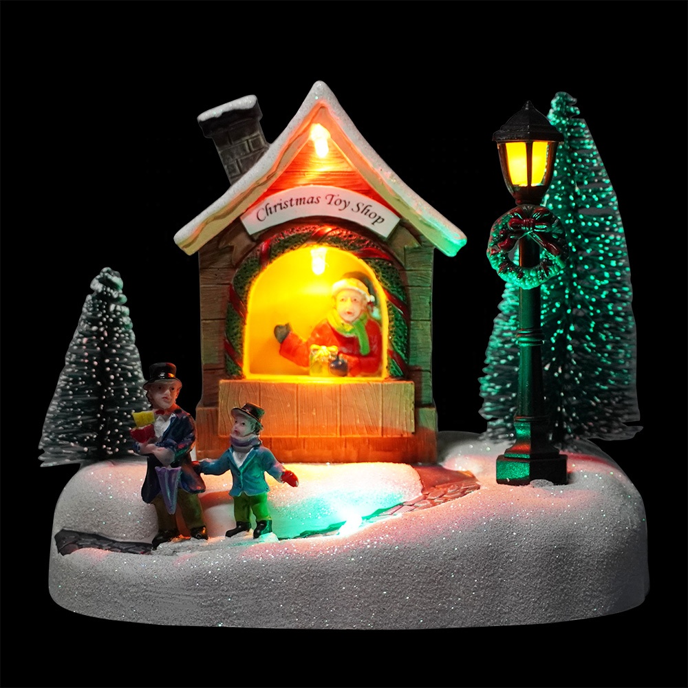 Professional China Lighted Christmas Village Sets - Custom noel Xmas Santa Shop scene resin fiber optic musical miniature christmas village houses with Mult Led color – Melody