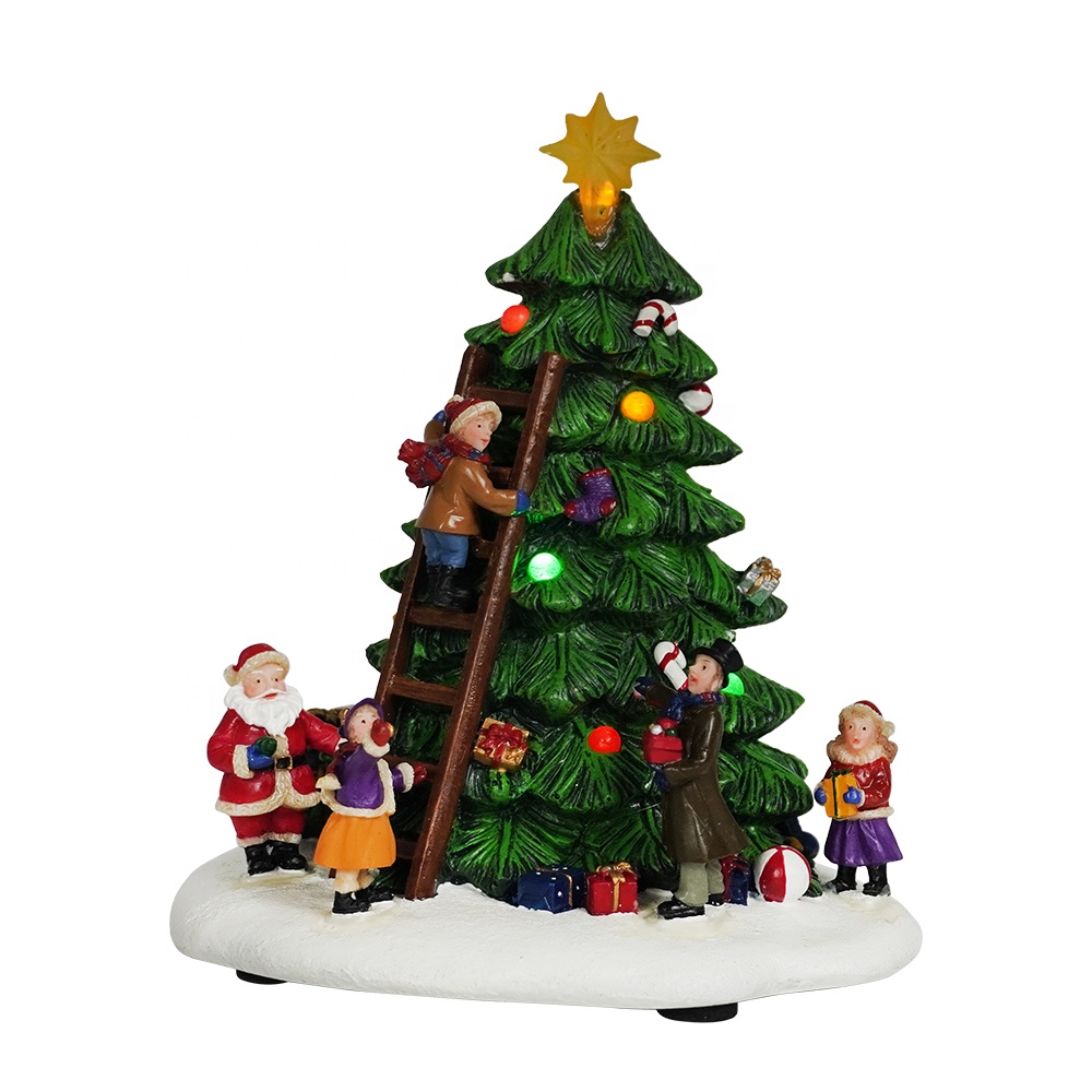 Pogranda hejmo endoma Led polyresin Xmas Tree Scene Rezina Kristnasko dekoracio por donaco