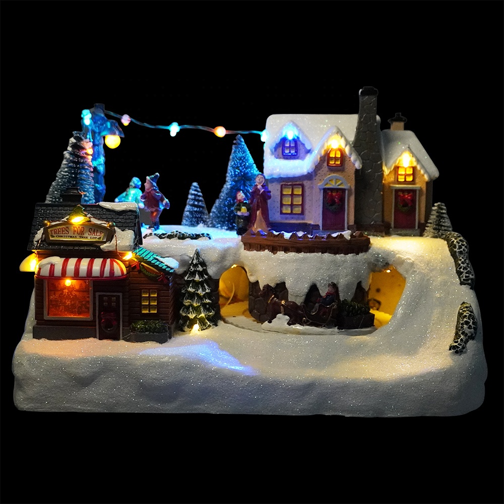 2018 Good Quality Christmas Village Electric Train Sets - Xmas seasonal led mountain rotating train and tree scene fiber optic polyresin christmas village for holiday indoor decor – Melody