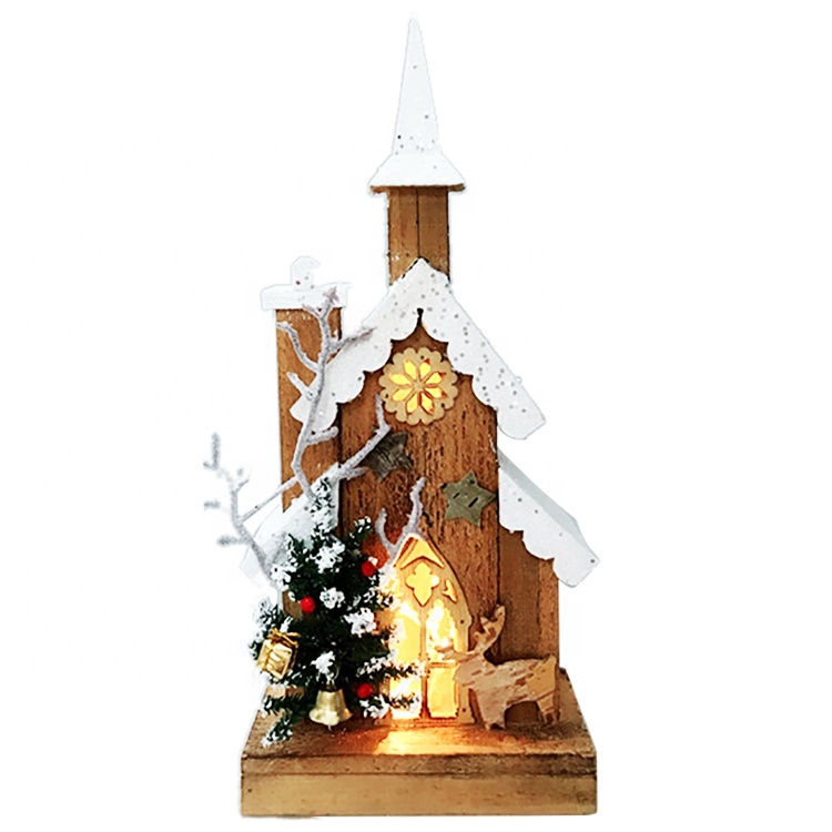 Indoor Navidad ອອກ​ແບບ​ທາງ​ສາ​ສະ​ຫນາ Led lighted ເຮືອນ​ສາດ​ສະ​ຫນາ​ຈັກ​ໄມ້​ປະ​ດັບ​ວັນ​ຄຣິດ​ສະ​ມາດ​