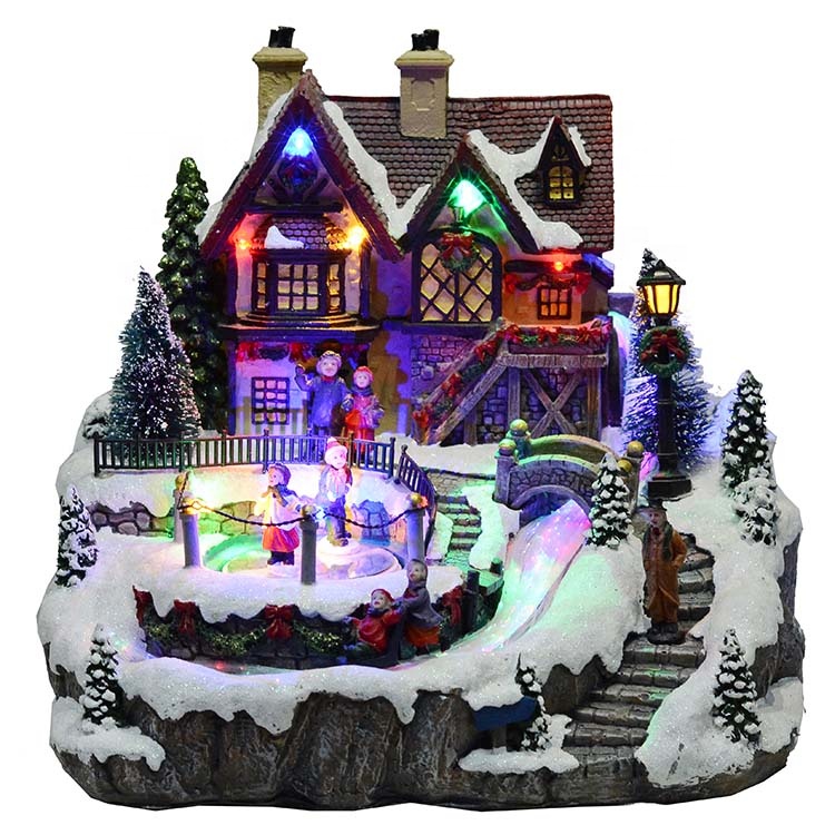 OEM/ODM Supplier Modern Christmas Village Set - Melody noel colorful fiber optical animated rotating Xmas village scene resin musical led lighted Christmas house with adaptor – Melody