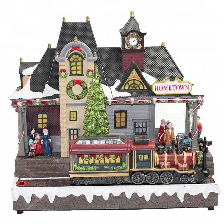 Good Quality Christmas Father - Promotional Plastic handicrafts led lighted Christmas Village house Decoration with train – Melody