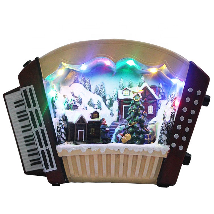 Velkoobchod přizpůsobený Melody Led Osvětlený hudební figurka z pryskyřice akordeon Xmas Village Scene Vánoční dekorace