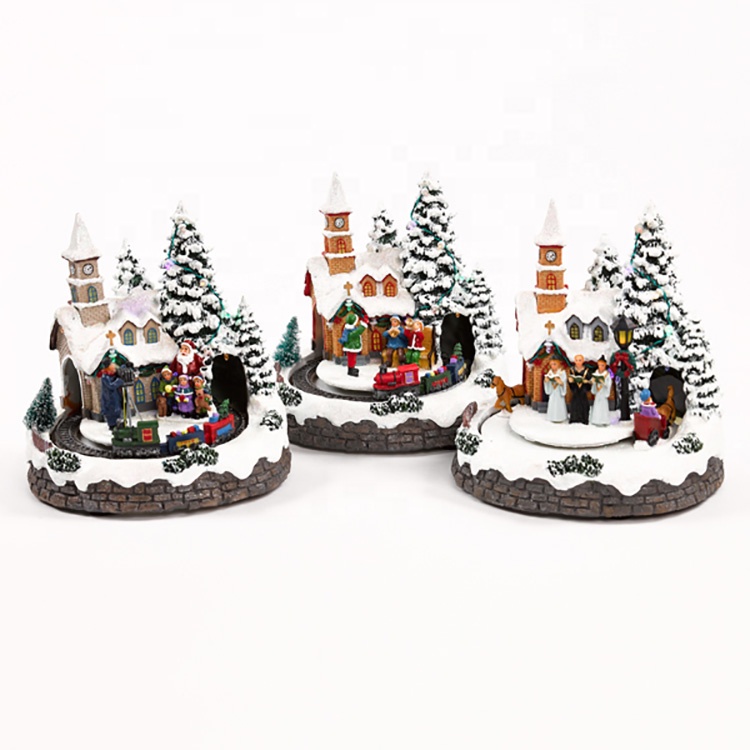 Batterij eksploitearre muzikale led polyresin tsjerke trein dekorative hars Village scene Christmas decoration