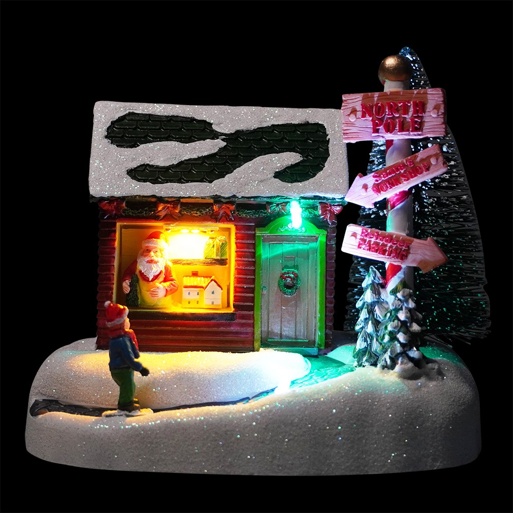 Noel Scene dema betlaneya xwerû resin Led Illuminated Muzîk gundê mala Sersalê bi 8 stranên Xmasê