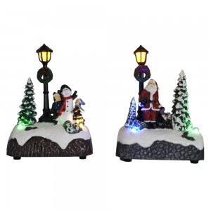 Σετ 2 Resin Christmas Scene Village Houses Town με φωτιστικό LED φωτιστικό στύλο