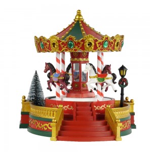 Newydd gyrraedd addurn gwyliau Nadolig coch Dawnsio Plastig Ceffylau Nadolig Llawen LED Light Carousel Music Box