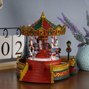 Titun de pupa Xmas isinmi titunse jijo Horse Plastic Merry Christmas LED Light Carousel Music Box