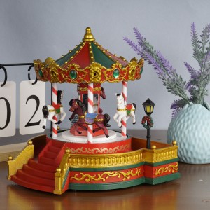 Decora betlaneyê ya Xmasê ya nû gihîştî Dancing Horse Plastic Merry Christmas Qutiya Muzîkê Ronahî Carousel LED