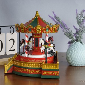 Haingo fetin'ny fetin'ny Krismasy vaovao tonga mena Dancing Horse Plastic Merry Christmas LED Light Carousel Music Box