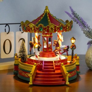 Bagong dumating na pulang Christmas holiday decor Dancing Horse Plastic Maligayang Pasko LED Light Carousel Music Box