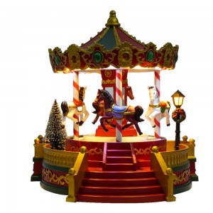 Nieuw aangekomen rood kerstvakantiedecor Dansend paard Plastic Vrolijk Kerst LED-licht Carrousel Muziekdoos