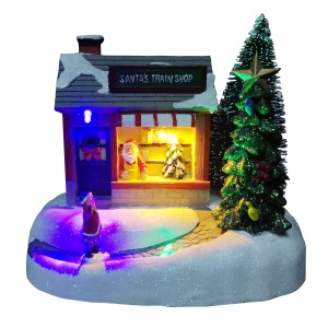 Melody yi Xmas village Christmas Decoration Santa's Train Shop idaha butere ụlọ ekeresimesi ọkụ