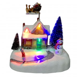 Lampu LED animasi Santa Flying resin musik desa Natal kanggo dekorasi lan hadiah musiman