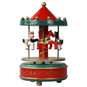 Customized Xmas Carrossel decorative Plastic and wooden merry go wind up rotating carousel music box for Christmas gift