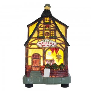 Polyresin LED Santa shop palamuti mini village fiber optic Christmas town house