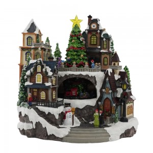 Nagykereskedelmi egyedi gyártású új dizájn Led zenei gyanta Christmas Village figura dekoráció mozgással