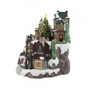 Nagykereskedelmi egyedi gyártású új dizájn Led zenei gyanta Christmas Village figura dekoráció mozgással