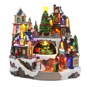 Nagykereskedelmi egyedi gyártású új dizájn Led zenei gyanta Christmas Village figura dekoráció mozgással