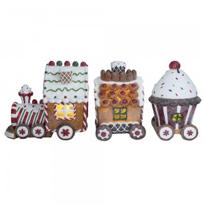 Benotzerdefinéiert Set vun 3 Handgemaachte LED Harz Handwierker Zuch geformt Gingerbread Haus Chrëschtdekoratioun