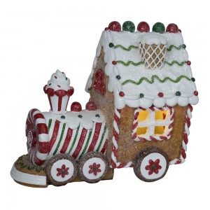 Benotzerdefinéiert Set vun 3 Handgemaachte LED Harz Handwierker Zuch geformt Gingerbread Haus Chrëschtdekoratioun